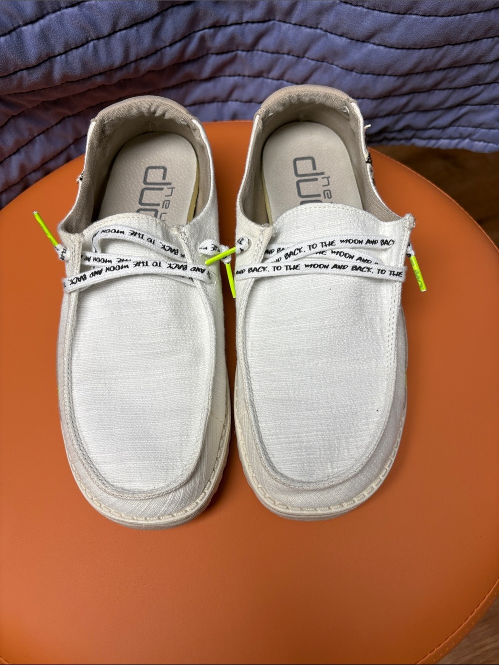 Hey Dude Off-White Linen Slip-On Loafers with Neon Lace Tips